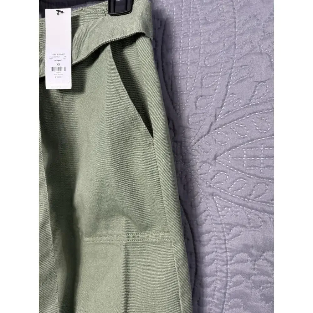 Harper Heritage Mini Skirt Sz XS Green Denim Cotton Belt Bow Pockets Boho Belted